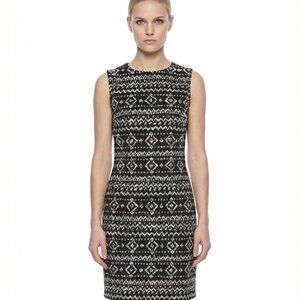 DKNYC Embroidered Geometric Print Dress Size 4 Black White Linen Blend Sheath